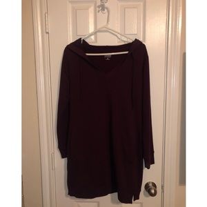 DEEP BURGUNDY HOODED HOODY SWEATER DRESS POCKETS
